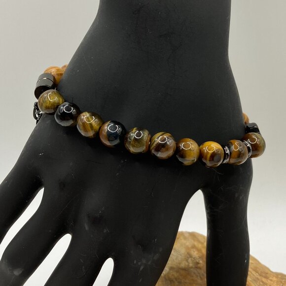 Tiger Eye and Wooden Beaded Bracelet with Stainless Steel Cross + Magnet clasp - Picture 5 of 10